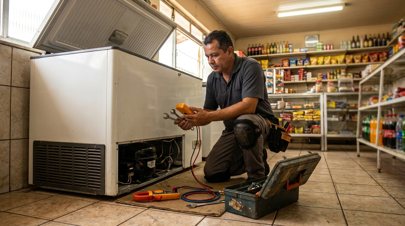 Profissional executando manutenção no motor de freezer no Abranches, Curitiba‑PR