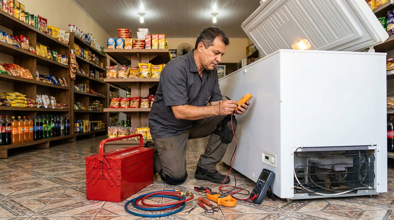 Recarga de gás refrigerante no freezer durante atendimento no Abranches, Curitiba‑PR