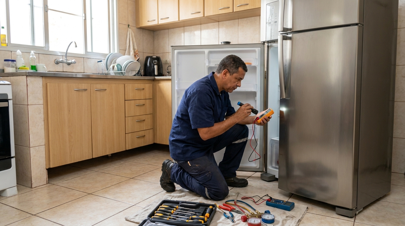 Técnico aplicando recarga de gás refrigerante em geladeira em Curitiba‑PR