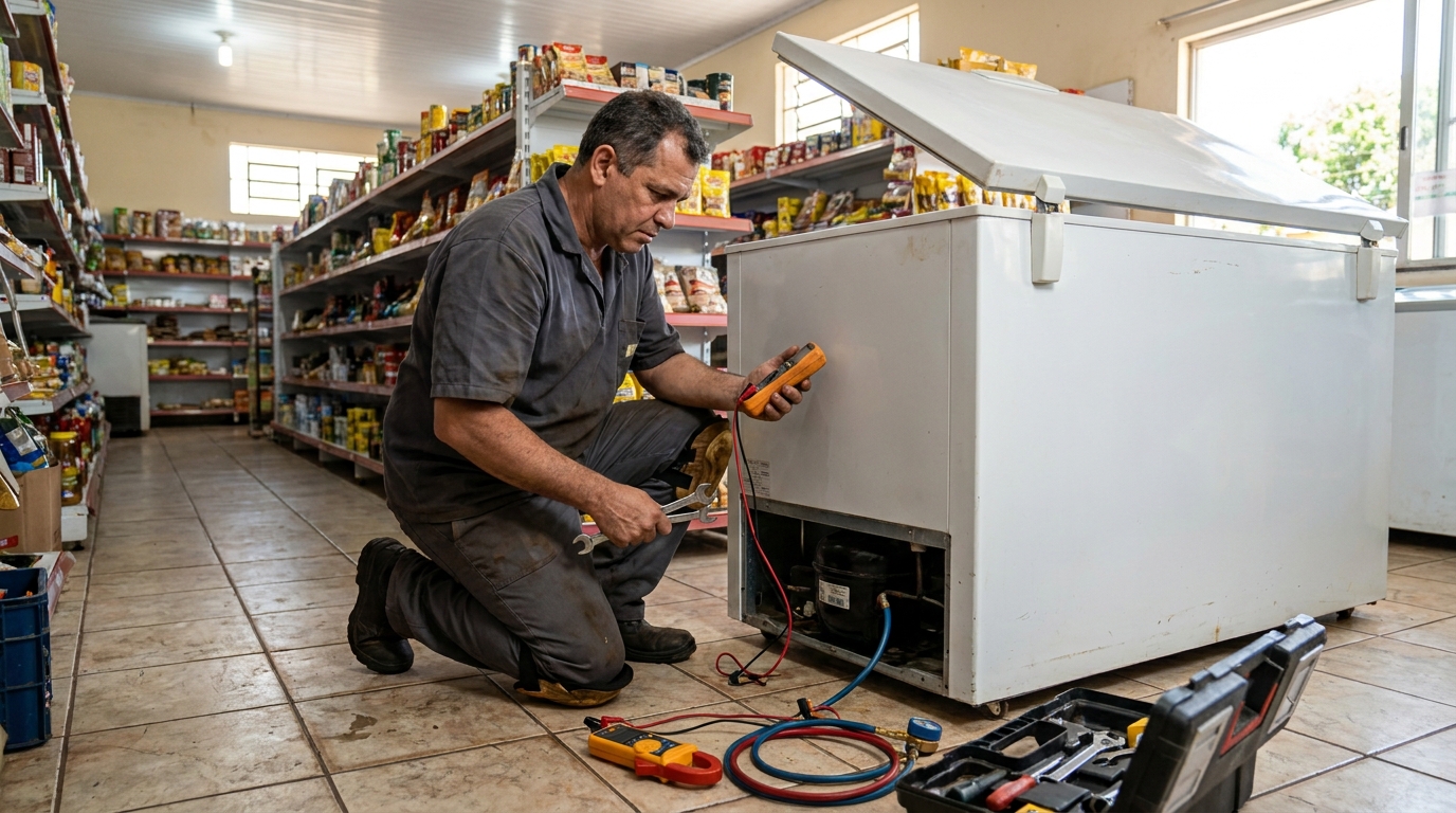 Substituição de termostato de freezer em visita técnica no Abranches, Curitiba‑PR